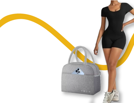 Bolsa de moda y leggins flotando entre línea amarilla — descubre lo mejor en moda y calzado
